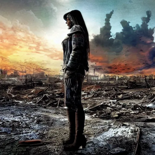 Image similar to postapocalyptic woman staring at a destroyed wasteland