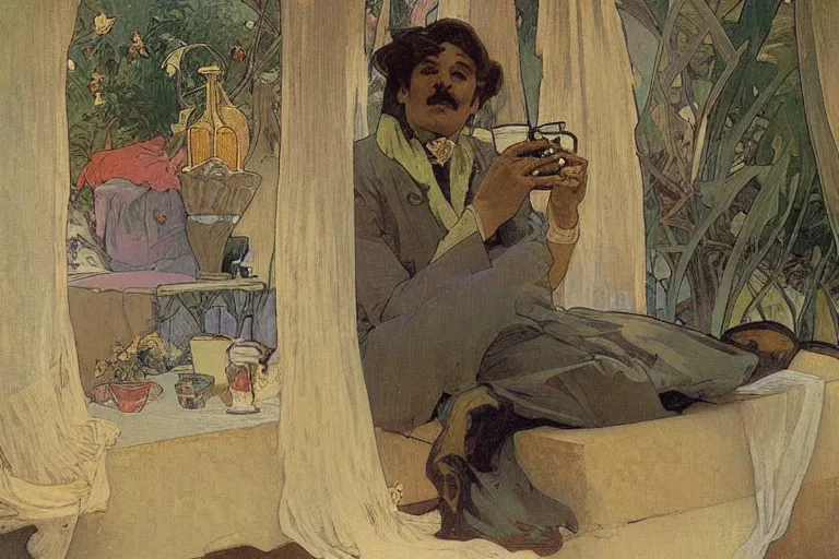 Image similar to a matte painting of a man sitting down and having a cup of tea in his house by the beach, by alphonse mucha, muted colors