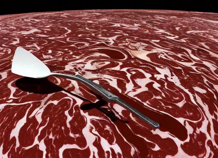 Image similar to NASA's Culinarity rover probes the surface of the meat planet with knives and forks, richly marbled and delicious planetary surface with rivers of gravy