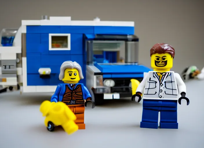 Image similar to product photo still of lego walter white with a lego winnebago in the background, 8 k, 1 2 0 mm macro, f 1. 8, studio lighting, key light