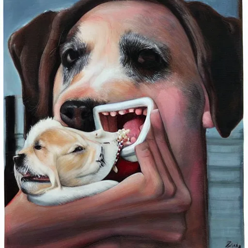 Image similar to eden ben zaken eating a dog, photorealistic, detailed