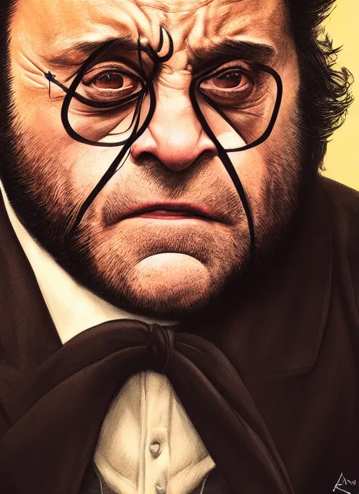 Image similar to photograph of danny devito as wolverine, realistic portrait, symmetrical, smooth, sharp focus, cinematic lighting, art by artgerm and greg rutkowski and alphonse mucha