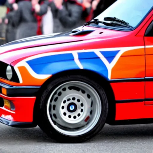 Image similar to bmw m 3 e 3 0 painted like north korean flag, in north korean parade