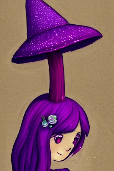 Image similar to a little girl wearing a mushroom hat in dress sitting | | purple curvy hair, pretty face, fine details, digial art by lois van baarle, anatomically correct, perfect composition, symmetrical, fantastic, clean details, anime character, extremely detailed