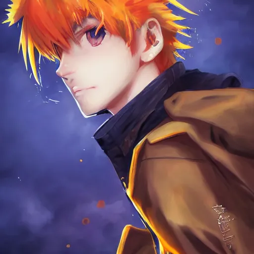 Prompt: 1 7 - year - old orange - gold haired anime boy wearing blue jacket, spiky hair, action pose, subsurface scattering, intricate details, art by artgerm, art by studio gainax