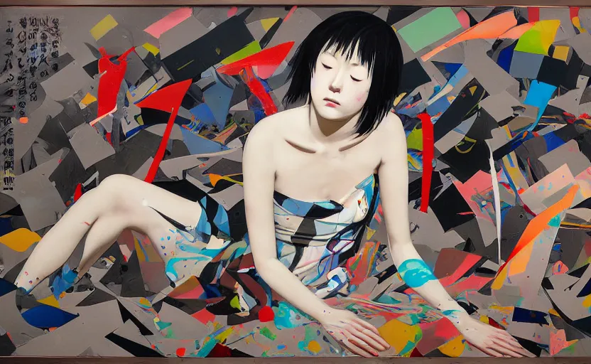 Image similar to decollage painting young japanese actress struggling in a ruined city by adrian ghenie and takato yamamoto and edward hopper and mark ryden and tsutomu nihei, part by bridget riley, acrylic pour and splashing paint, very coherent, baroque elements, perfect anatomy, intricate design. pop art.