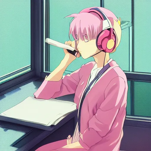 Image similar to high definition anime portrait of an anime girl with pastel colored hair sitting at a desk studying with headphones on, background is a window looking out into a busy Tokyo district, lo-fi art, masterpiece by Makoto Shinkai, trending on artstation, sharp high quality anime, digital art, photoshop, proportionate, ambient lighting, clear facial festures