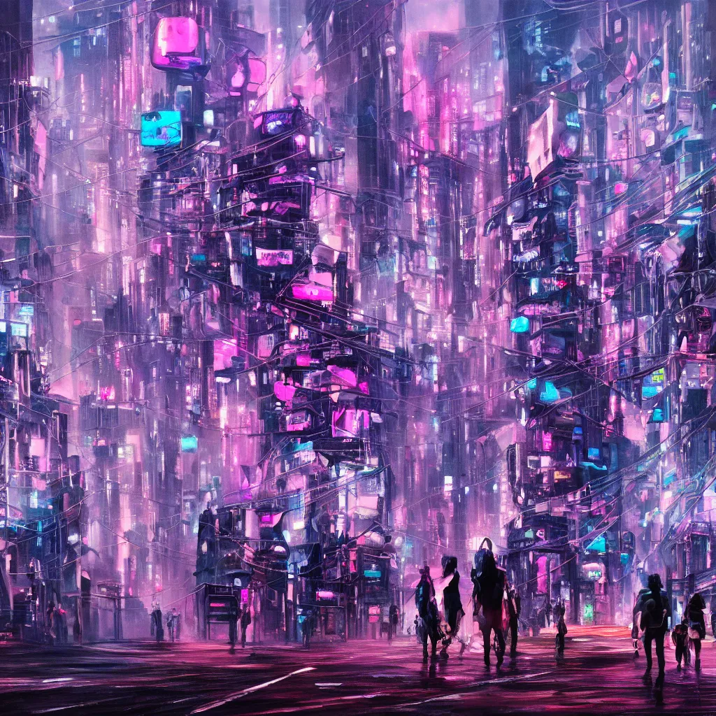 Prompt: oil painting of an overpopulated, busy, dark cyberpunk metropolis, fuchsia and blue, people walking in the streets packed like sardines, smog, tv screens, futuristic drones flying cars and hoverboards fly through smog, textured