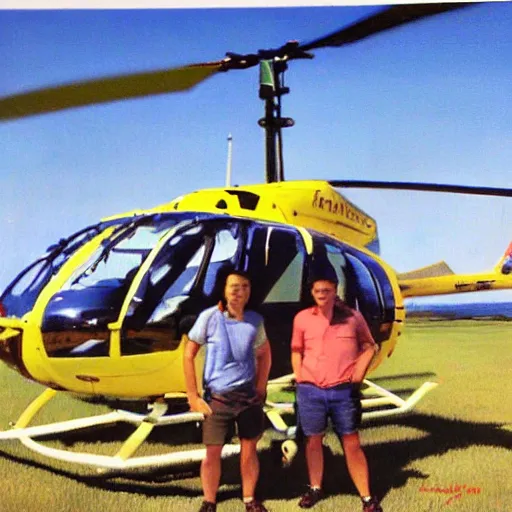 Image similar to painting of blonde swedish guy and tall korean guy in front or robinson r 4 4 helicopter