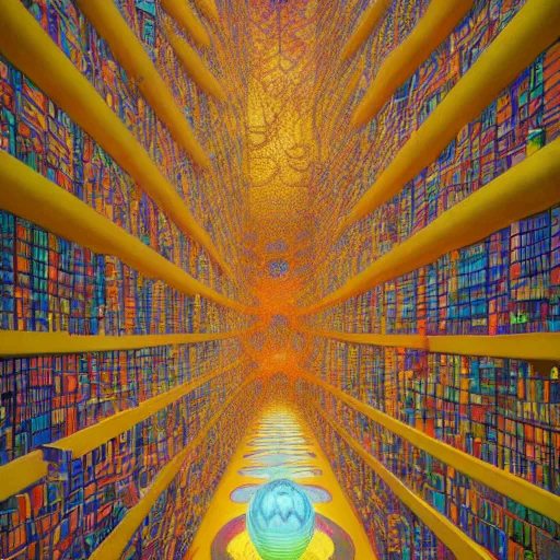 Prompt: trippy endless library by m. c. escher, zdzisław beksinski, beeple, greg rutkowski and alphonse mucha. 8 k hd resolution, chihuly