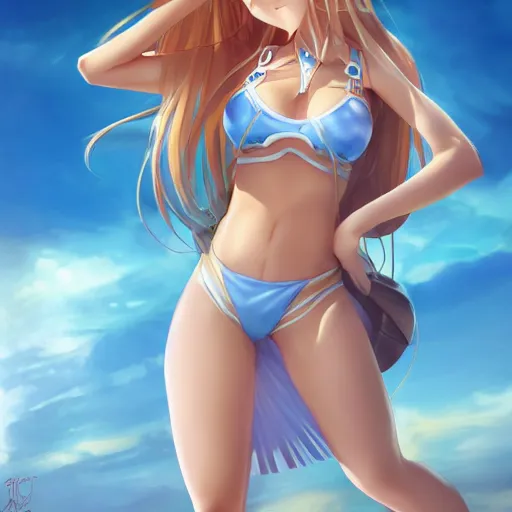 Image similar to a very beautiful mature yuuki asuna, full body, long wavy blond hair, sky blue eyes, full round face, bikini, miniskirt, front view, mid - shot, cute pose, highly detailed, cinematic wallpaper by stanley artgerm lau