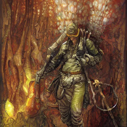 Image similar to full body portrait of a mushroom warrior, by jon foster