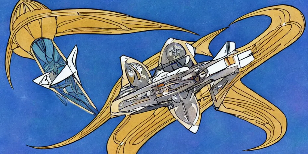 Prompt: Art Nouveau style starship flying in space