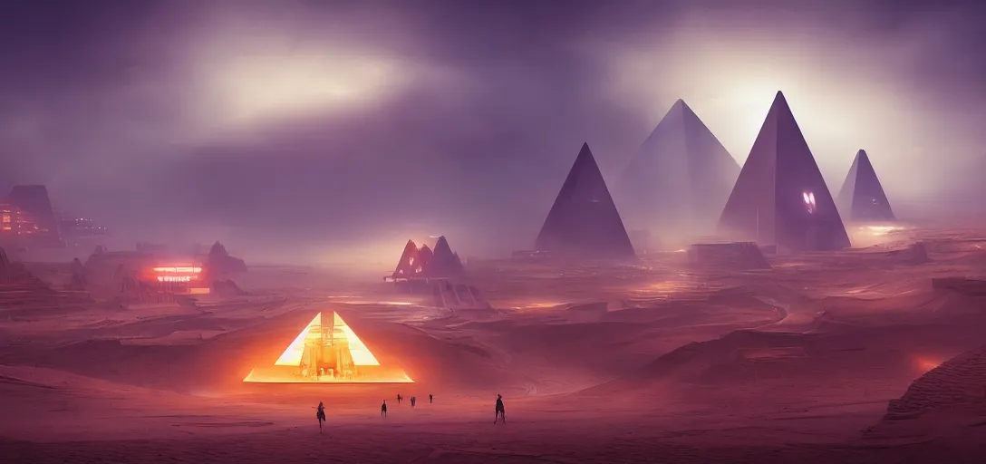 Prompt: view from the desert ground of futuristic blade runner pyramids architecture, light rays, symmetry, cinematic lighting, ultra detailed, sharp, ambient occlusion, bloom, raytracing, by greg rutowski, finnian macmanus and jessica rossier