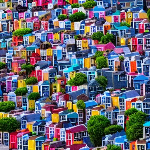 Prompt: A cityscape made up of thousands of tiny colorful houses. Photography.