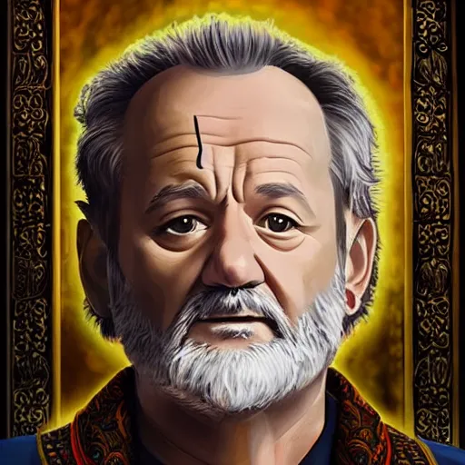 Image similar to epic close up portrait painting of bill murray in ghostbuster depicted like a saint in a orthodox icon, ornate, very beautiful, concept art, realistic painting, 8 k, hd,