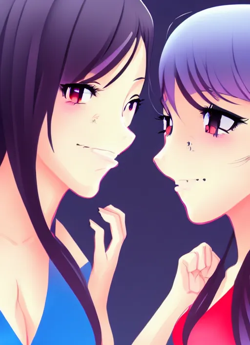 Image similar to two beautiful female teachers taunting each other, in summer clothes, gorgeous faces, smooth, thick lines, cinematic lighting, detailed anime art