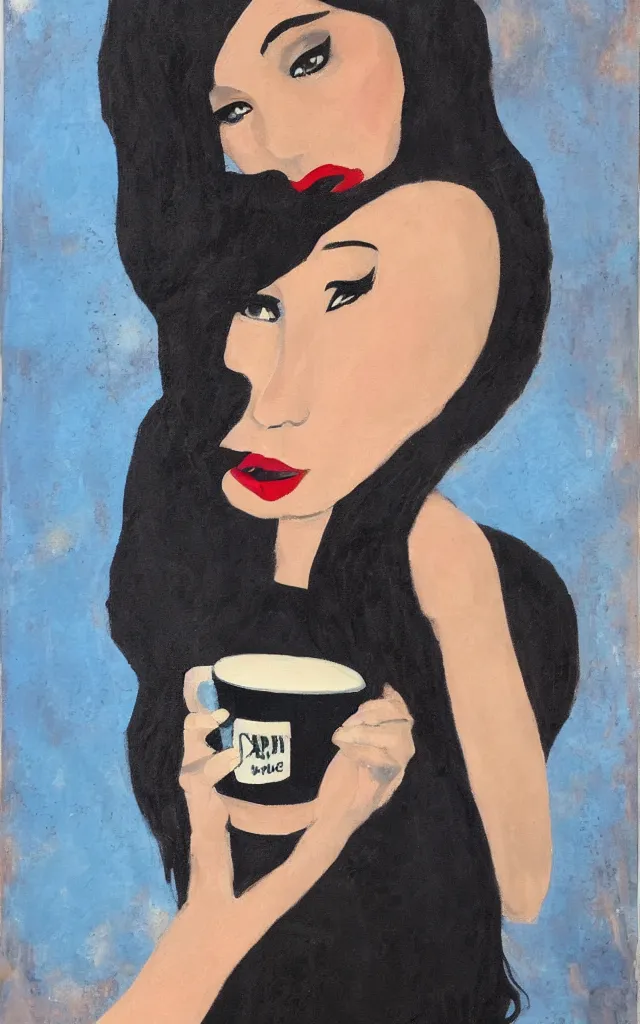 Prompt: painting of the dark - souled but beautiful princess of coffee, dark hair, blue eyes, black dress, teenager, dark eye shadow, red lips, holding a large cup of coffee.
