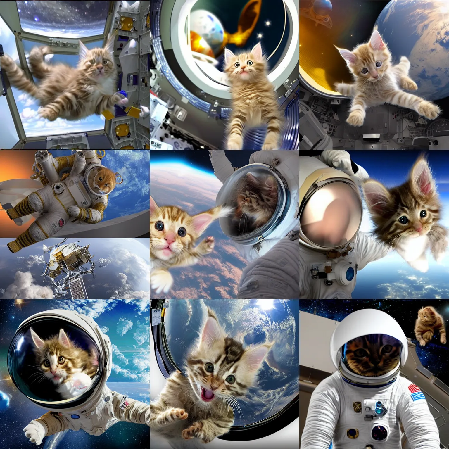 Prompt: 3D realistic action sequence of an astronaut ((cream colored maine coon kitten)) in a spacesuit floating in space at the James Webb Telescope, alien spacecraft friendly cute cute cute in the background