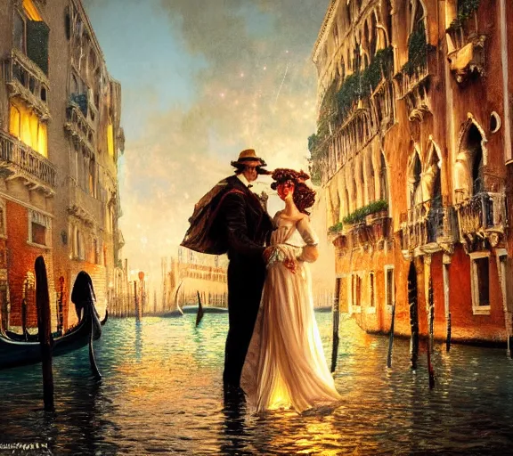 Image similar to photography of a 1 8 th couple in venice with fireworks, deep focus, intricate, elegant, highly detailed, digital painting, artstation, concept art, matte, sharp focus, illustration, art by artgerm and greg rutkowski and alphonse mucha and gil elvgren