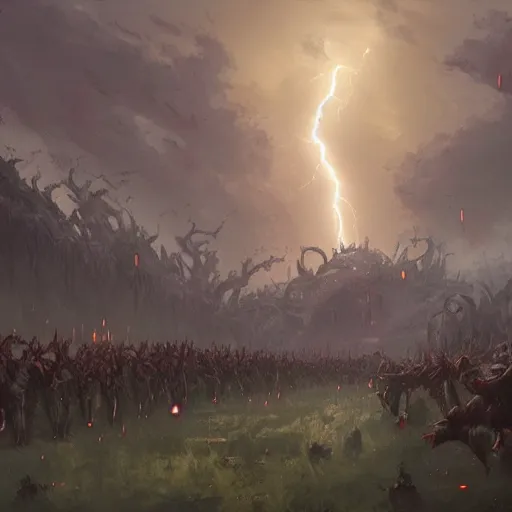 Prompt: a magical lightning storm destroys a goblin army, digital art, greg rutkowski