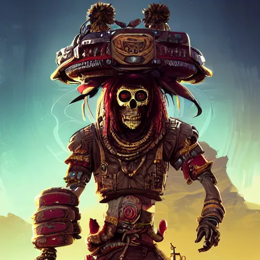 Image similar to a golden skull face monkey warrior with a ruby in his forehead, and dreadlocks, Apex Legends character, digital illustration portrait design, by android jones and greg rutkowski, retrowave color scheme, detailed, cinematic lighting, wide angle action dynamic portrait