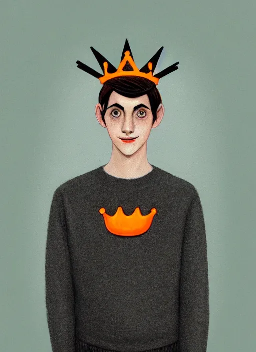 Image similar to portrait of teenage jughead jones wearing a light grey crown, symmetrical crown, sweater with picture of hamburger, eyes closed, crown, black hair, orange, intricate, elegant, glowing lights, warm lighting, highly detailed, digital painting, artstation, concept art, smooth, sharp focus, illustration, art by wlop, mars ravelo and greg rutkowski