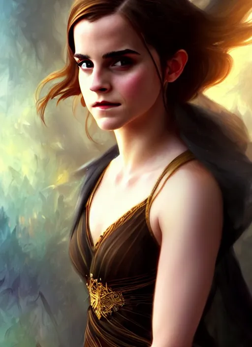 Prompt: emma watson as magic druid, shiny background, intricate, elegant, highly detailed, digital painting, artstation, concept art, smooth, sharp focus, illustration, artgerm, bouguereau