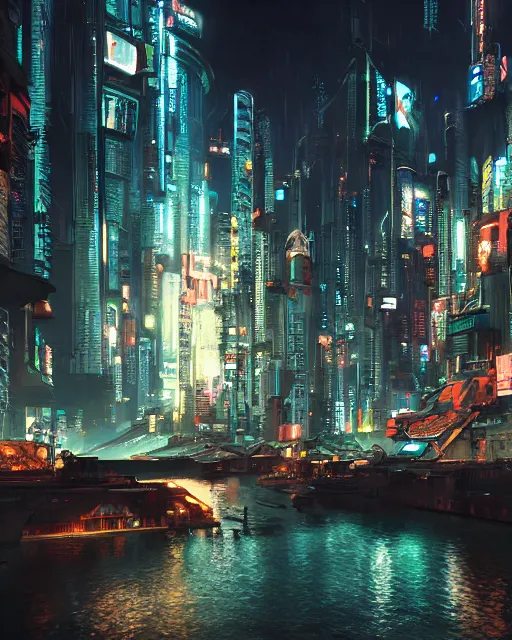 Prompt: cyberpunk city on a floating island at night by wlop, key visual, high detail, digital art