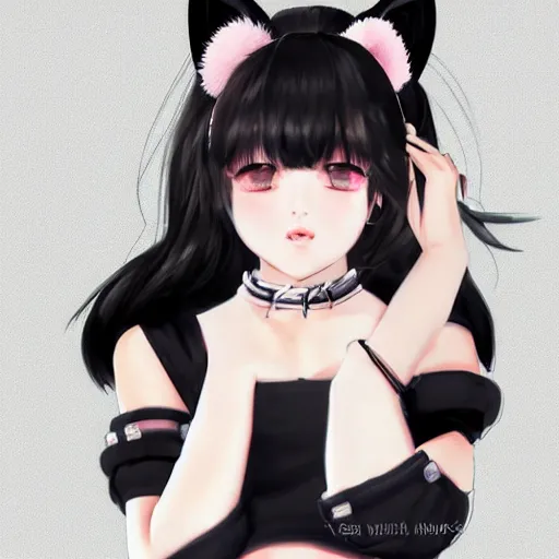 Image similar to realistic beautiful gorgeous buxom natural cute blushed shy girl Blackpink Lalisa Manoban black hair cute fur black cat ears, wearing white camisole, headphones, black leather choker artwork drawn full HD 4K highest quality in artstyle by professional artists WLOP, Taejune Kim, Guweiz on Pixiv Instagram Artstation