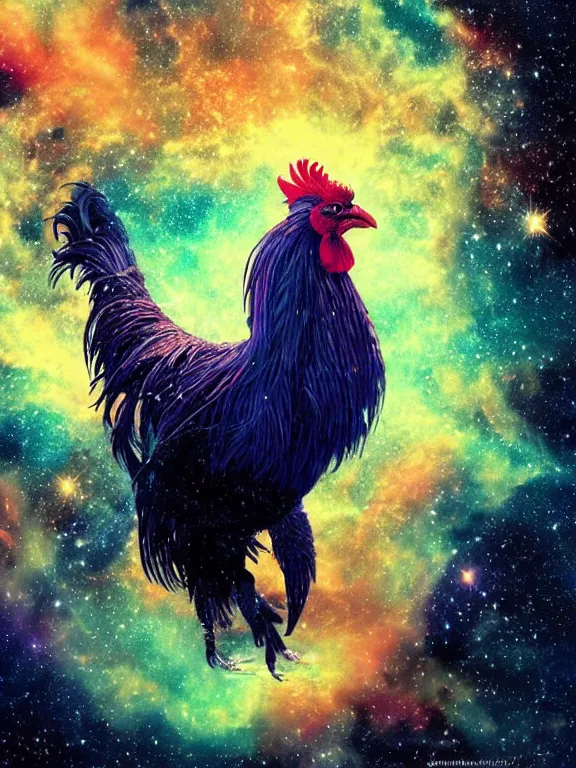 Image similar to a lone giant majestic rooster, centered, floating in space, center of the universe, \ galaxy cosmic nebula, epic, volumetric light, hyperrealistic, glitter, mega detailed, beautiful composition, beautiful lighting, unreal render, 4 k, vincent di fate, john berkey, michael whelan