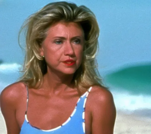 Image similar to color still shot of hillary clinton on baywatch 1 9 8 9 tv show, face closeup,