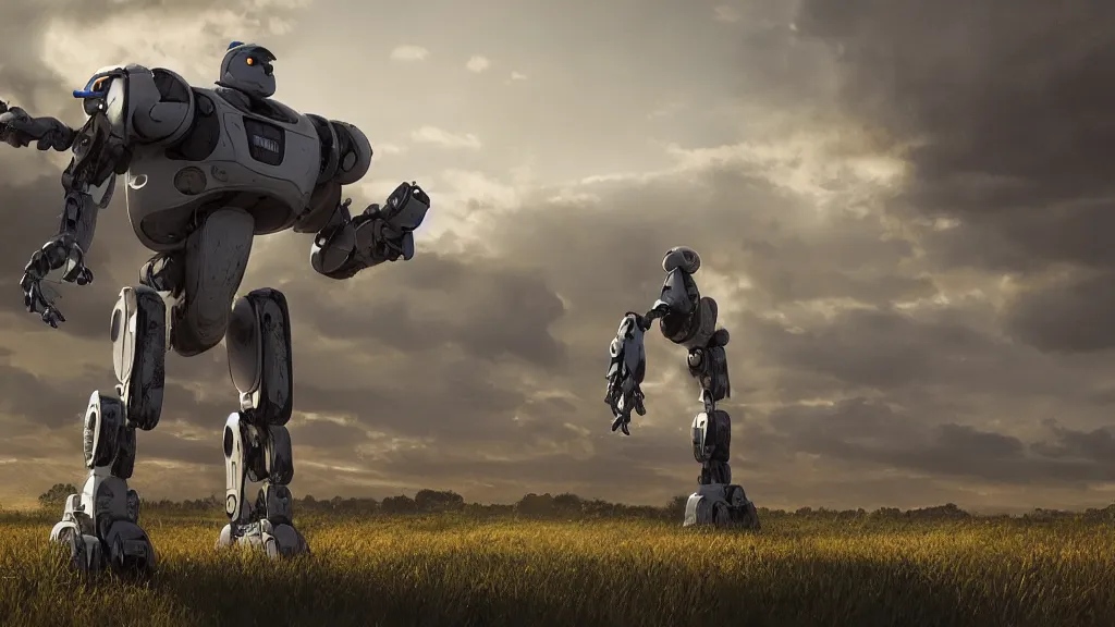 Prompt: Amazing photorealistic digital concept art of a guardian robot in a rural town, by James Clyne and Joseph Cross. Cinematic. LED lighting. Wide angle. Clean lines. Balanced composition.