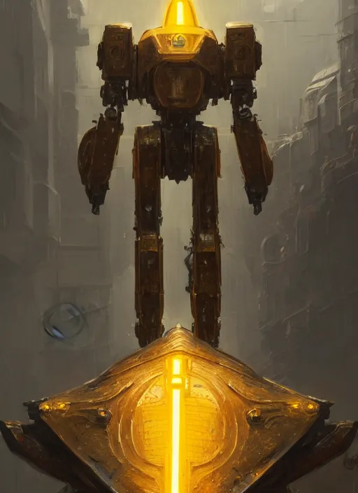 Image similar to human-sized strong intricate yellow pit droid carrying very detailed perfect antique great sword and beautiful large paladin shield, pancake short large head, exposed metal bones, painterly humanoid mecha, slightly far away, by Greg Rutkowski epic glorious trending on Artstation