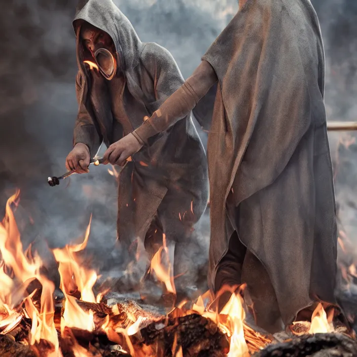 Image similar to hooded man smirking while dumping gas on a camp - fire, octane render, 4 k ultra hd, hyper - detailed, realistic, seedy lighting, sharp focus, fantasy dark art