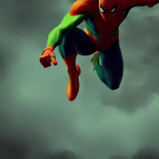 Image similar to moody atmospheric render of an orange and green spiderman by greg rutkowski and marc silvestri made with unreal engine