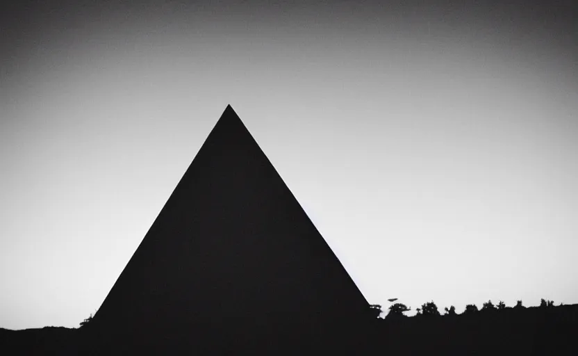 Prompt: black pyramid, wood, sunrise, lomography effect, scrathes, 60s photo, unfocus, monochrome, noise effects filter