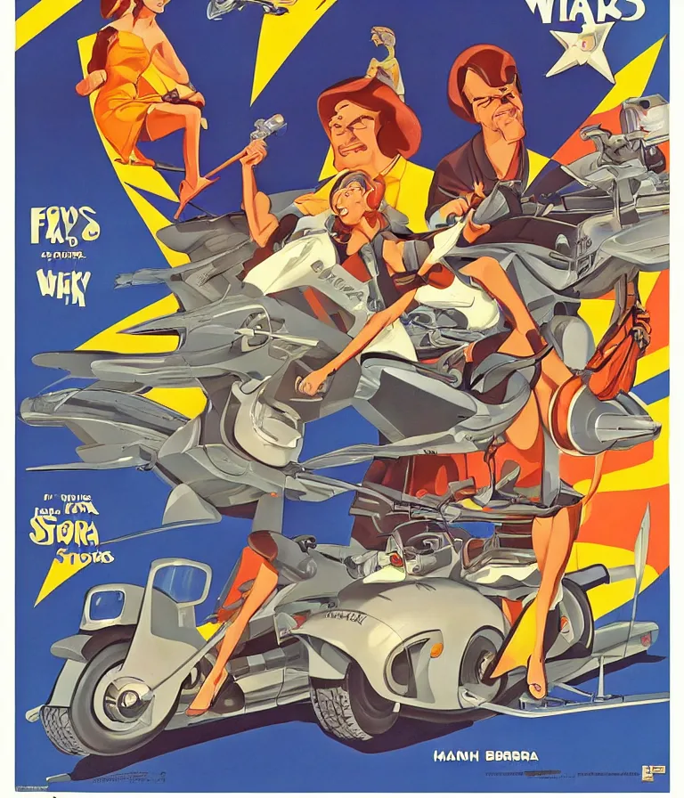 Image similar to Hannah Barbera cartoons of Five Star Stories as Whacky Wheels, promotional poster super detailed , xpensive production, realistic style, gouache colors, Hollywood retro cartoon poster, golden era of animation work