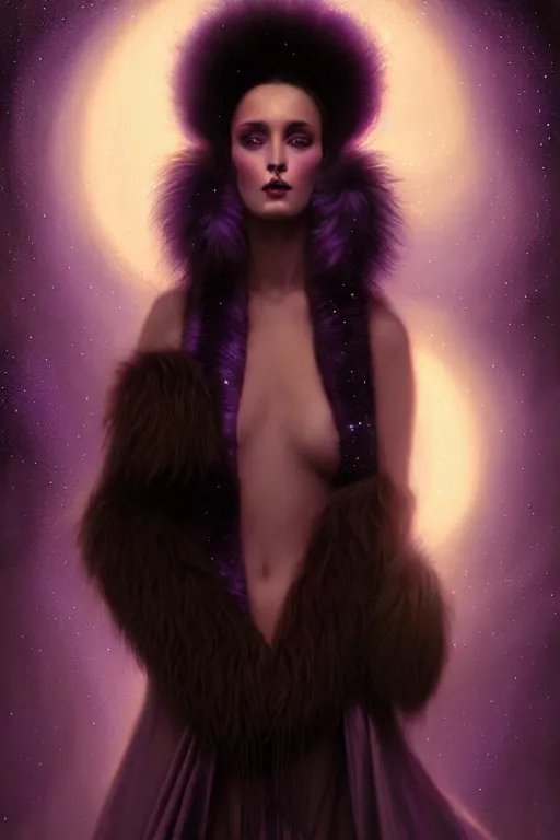 Prompt: Nocturne, glowing, stars, a portrait of a beautiful female shadow djinn creature with long fur collar, highly detailed, mysterious, ethereal, dressed in violet velvet, haute couture, illustration, dramatic lighting, soft details, painting, by Edmund Blair Leighton, Brom, Charlie Bowater, trending on artstation, faces by Tom Bagshaw, otto schmidt