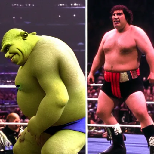 Prompt: shrek vs andre the giant at wrestlemania 8, dramatic lighting, 8k