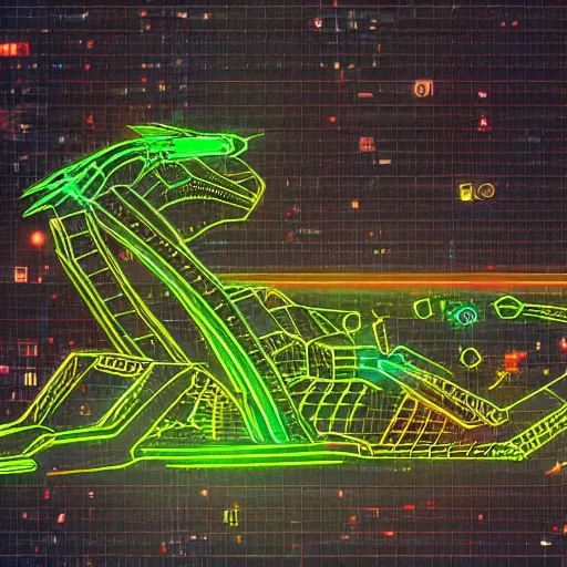 Prompt: <https://s.mj.run/Hy-XYluU-s8> A wireframe Mecha dragon, Holographic Projection, Grid, glowing neon, diagram schematic, measurements, hieroglyphics, octane rendered, 16k uhd