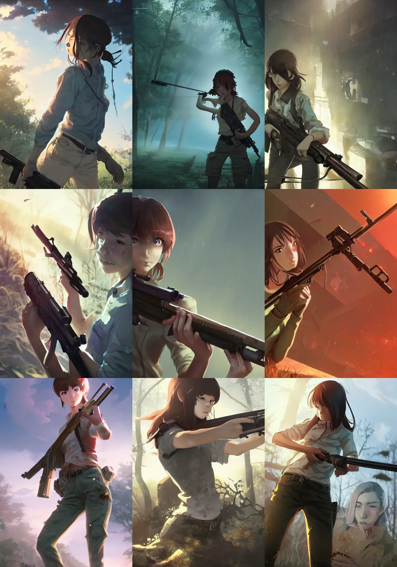 Prompt: a girl with a rifle shooting zombies, full shot, atmospheric lighting, detailed face, by makoto shinkai, stanley artgerm lau, wlop, rossdraws