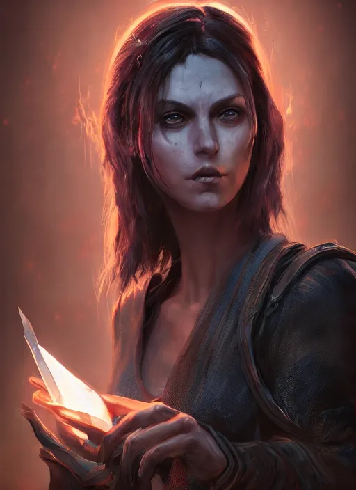 Image similar to A fantasy comic book style portrait painting of a stunning female as a Sorcerer in a atmospheric dark fortress, unreal 5, DAZ, hyperrealistic, octane render, RPG portrait, ambient light, dynamic lighting