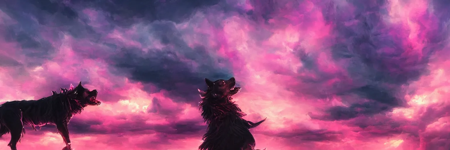 Image similar to hyperdetailed illustration, portrait big dark dog, mohawk, stars, pink, neon, oil painting, rich deep colors masterpiece, pirate neon ship, ultra detailed, contrast, heaven pink, clouds, volumetric light, atmospheric lighting, dramatic, cinematic, moody, octane render 4 k, 8 k