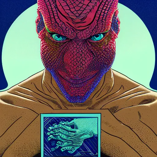 Image similar to portrait of lizard man removing human skin mask by Dan Mumford and Josan Gonzalez, ultra detailed, hyper realism