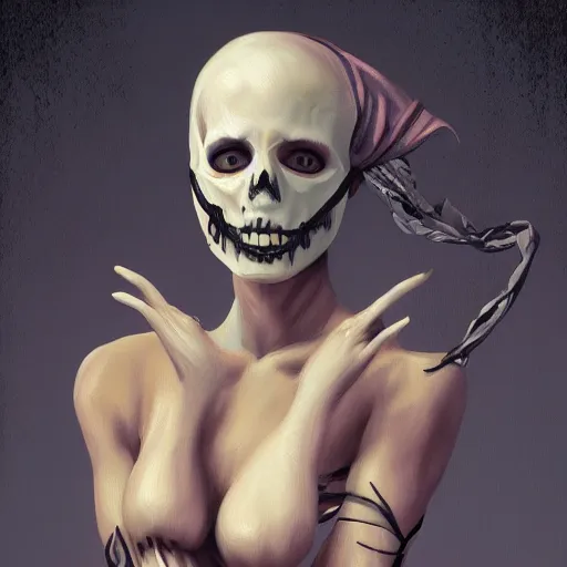 Prompt: Female death holding a mask, kodachrome, high contrast, highly detailed, sharp focus, digital painting, concept art, illustration, trending on artstation,