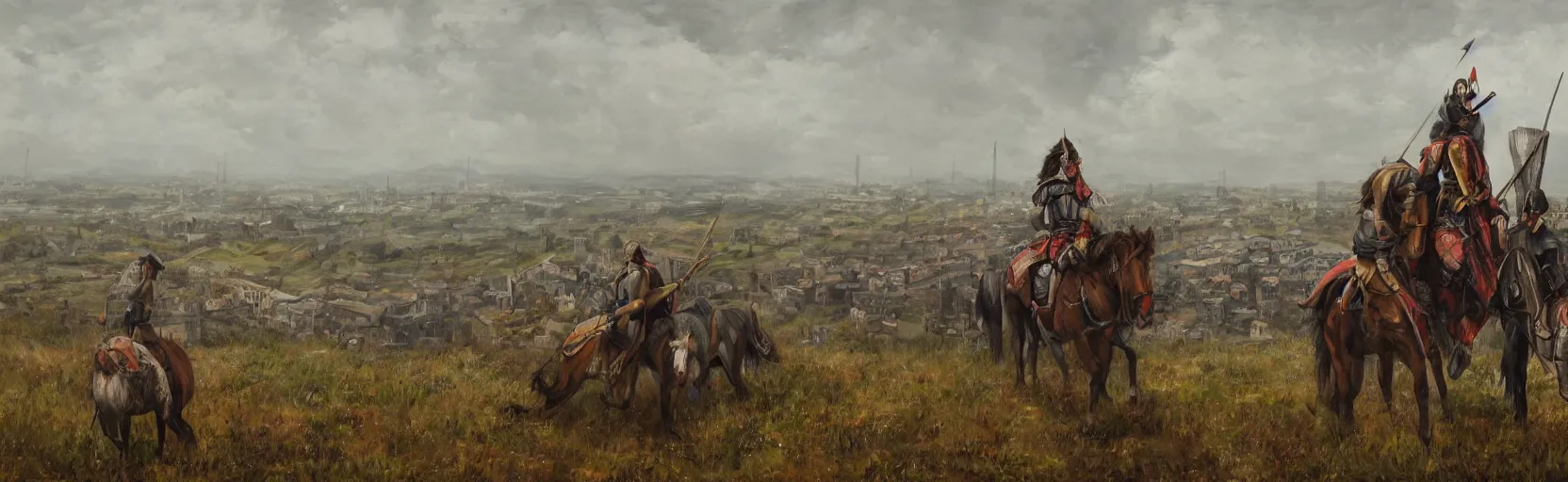 Prompt: horseback knights at scenic overlook; cloudy, grey skies, tents close, walled fortress city of deteriorating office buildings in background on hill, post apocalyptic, grungy; oil on canvas, artstation, colorful