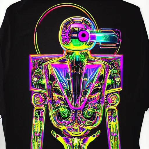 Image similar to photo of a black tshirt with a hyperdetailed portrait of a futuristic trippy atompunk meditating robot, 8 k, symetrical, flourescent colors, halluzinogenic, multicolored tshirt art,