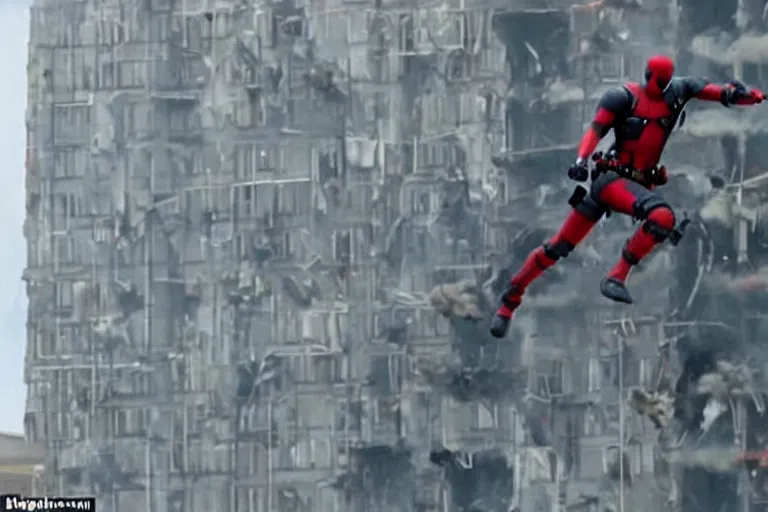Image similar to Deadpool leaps off militarily helicopters firing missiles and smashes through high rise window, explosions, by Michael Bay