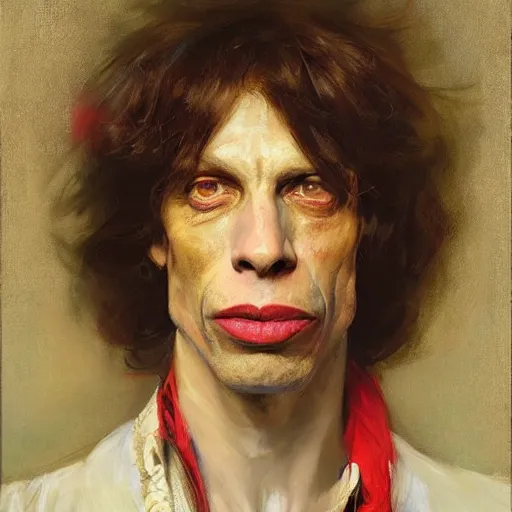 Image similar to Solomon Joseph Solomon and Richard Schmid and Jeremy Lipking victorian genre painting portrait painting of Mick Jagger in fantasy costume, red background